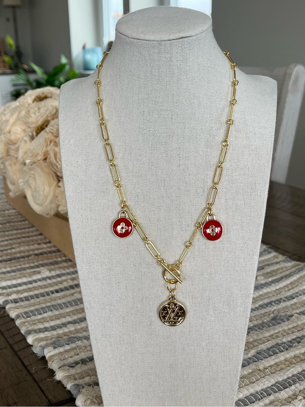 Authentic Louis Vuitton Upcycled Enamel Flowers & LV Medallion Necklace 14k GP